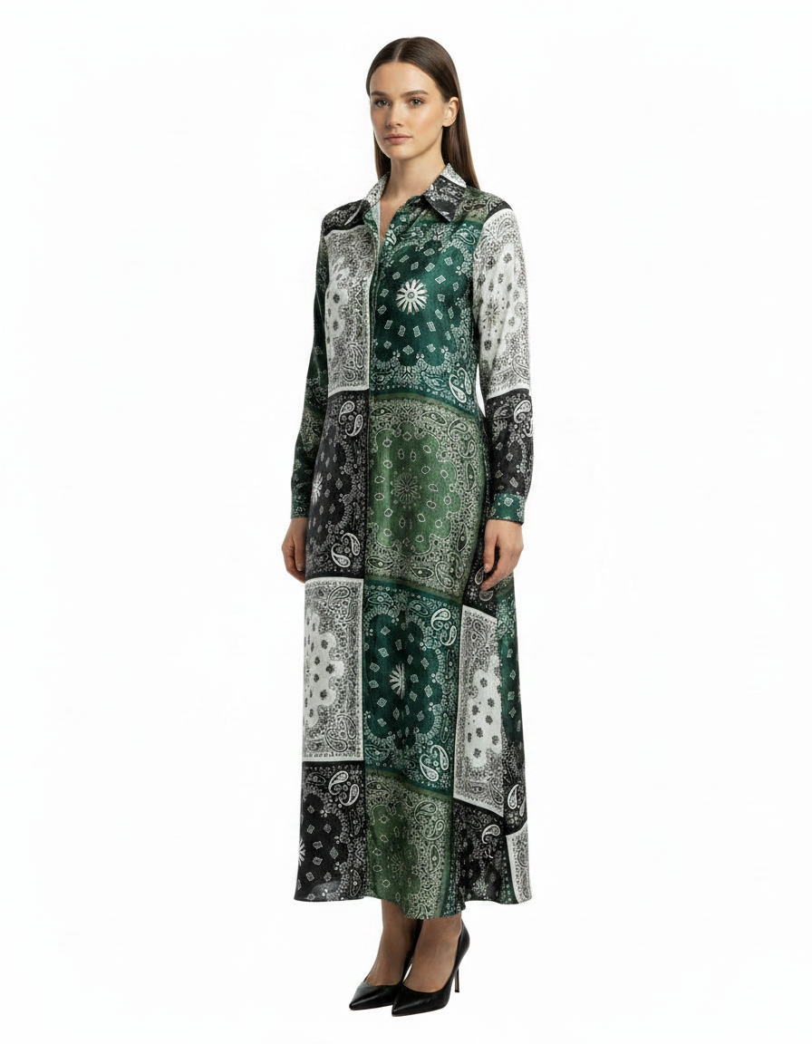 Claire Paisley Maxi Dress – Button-Front Collared  Voile