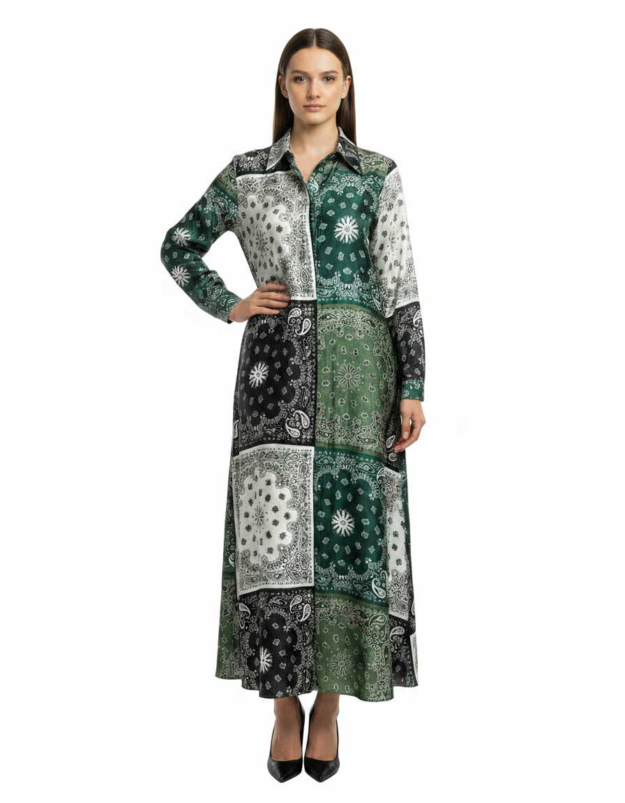 Claire Paisley Maxi Dress – Button-Front Collared  Voile