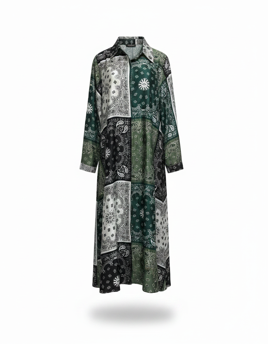 Claire Paisley Maxi Dress – Button-Front Collared  Voile
