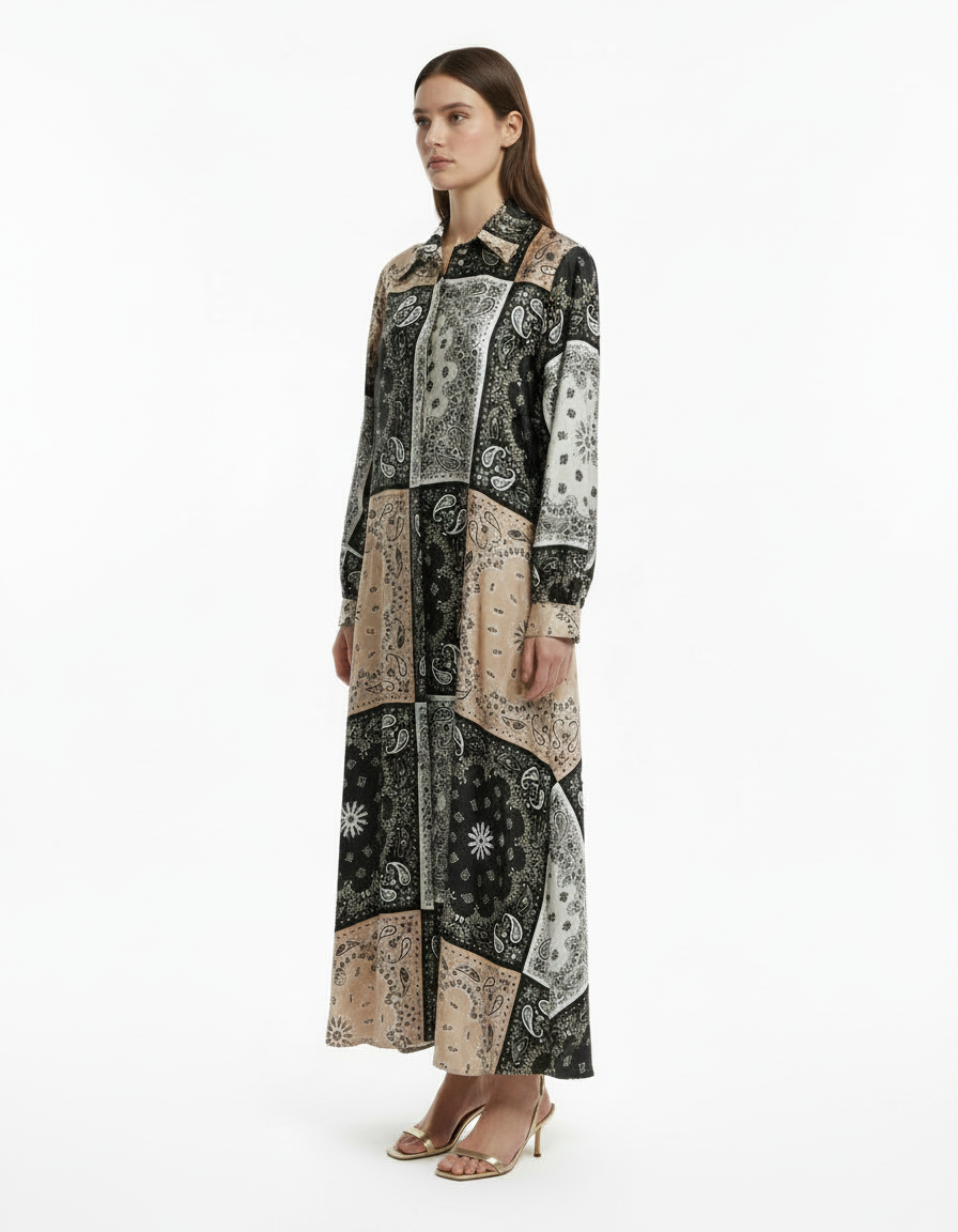 Claire Paisley Maxi Dress – Button-Front Collared  Voile