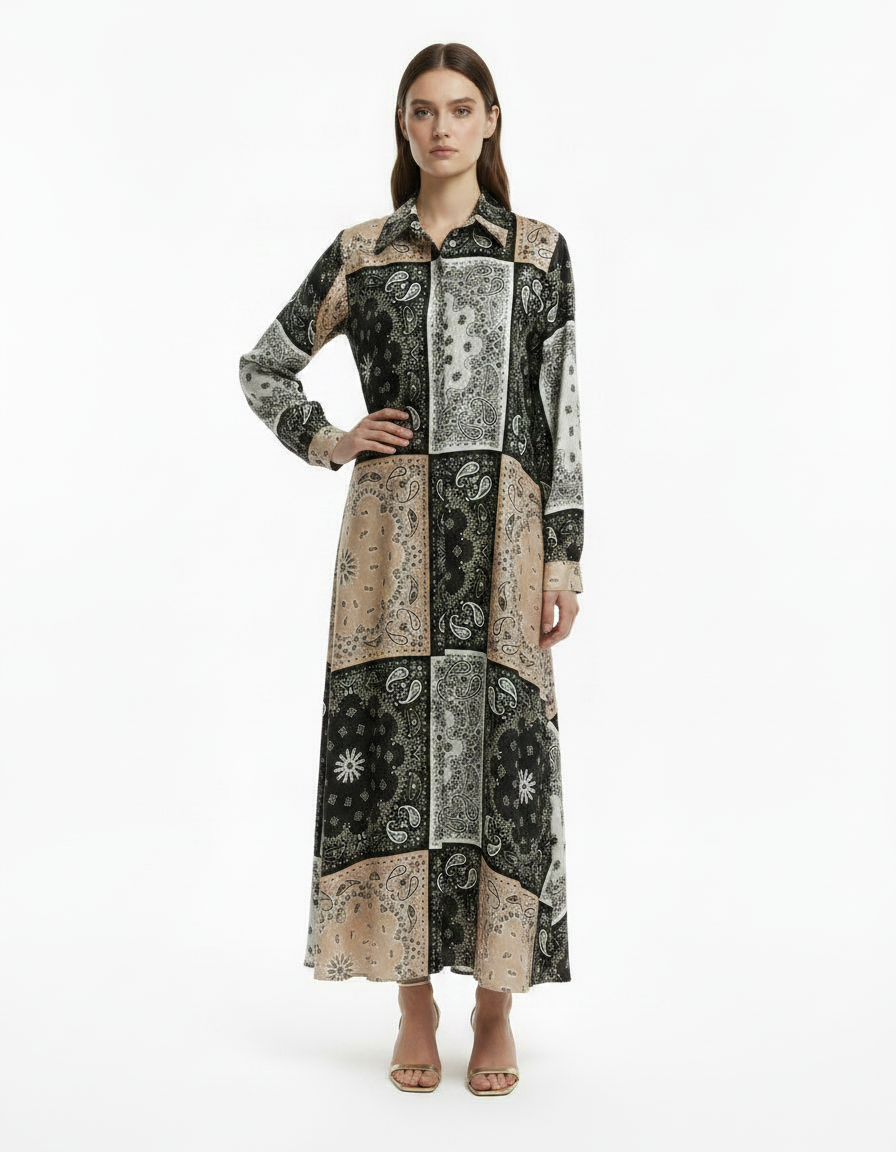 Claire Paisley Maxi Dress – Button-Front Collared  Voile