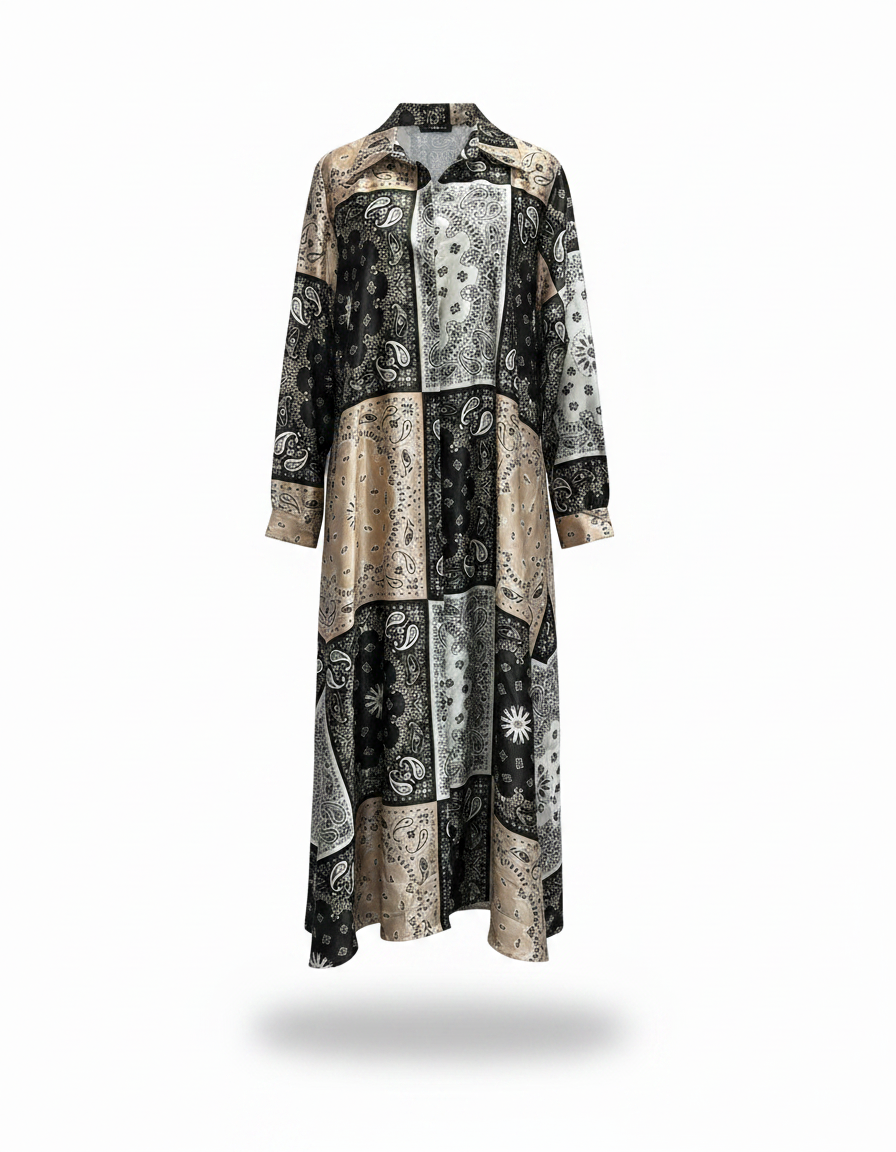 Claire Paisley Maxi Dress – Button-Front Collared  Voile