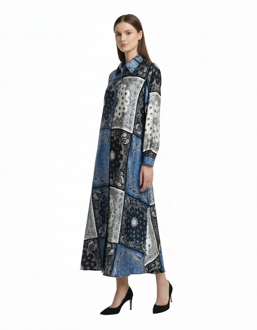 Claire Paisley Maxi Dress – Button-Front Collared  Voile