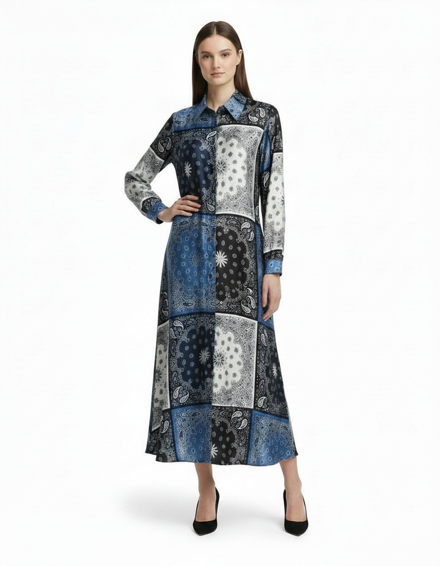 Claire Paisley Maxi Dress – Button-Front Collared  Voile