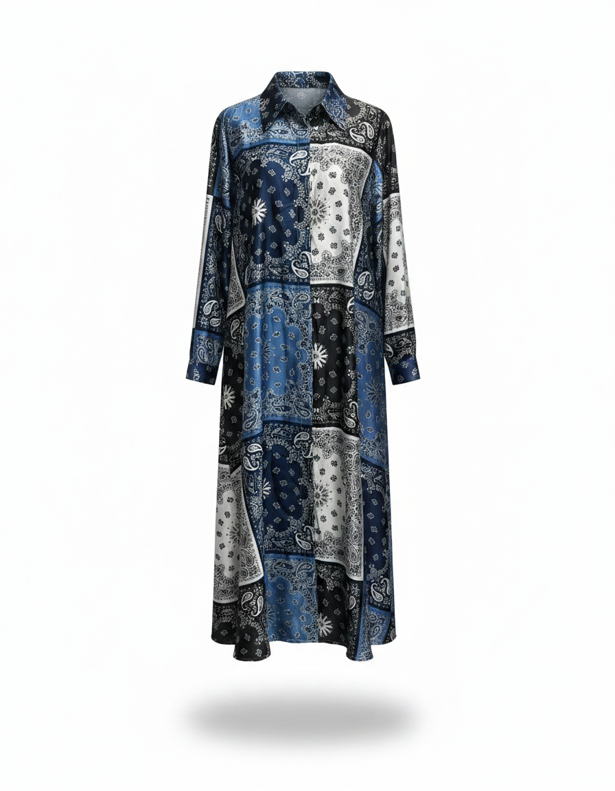 Claire Paisley Maxi Dress – Button-Front Collared  Voile
