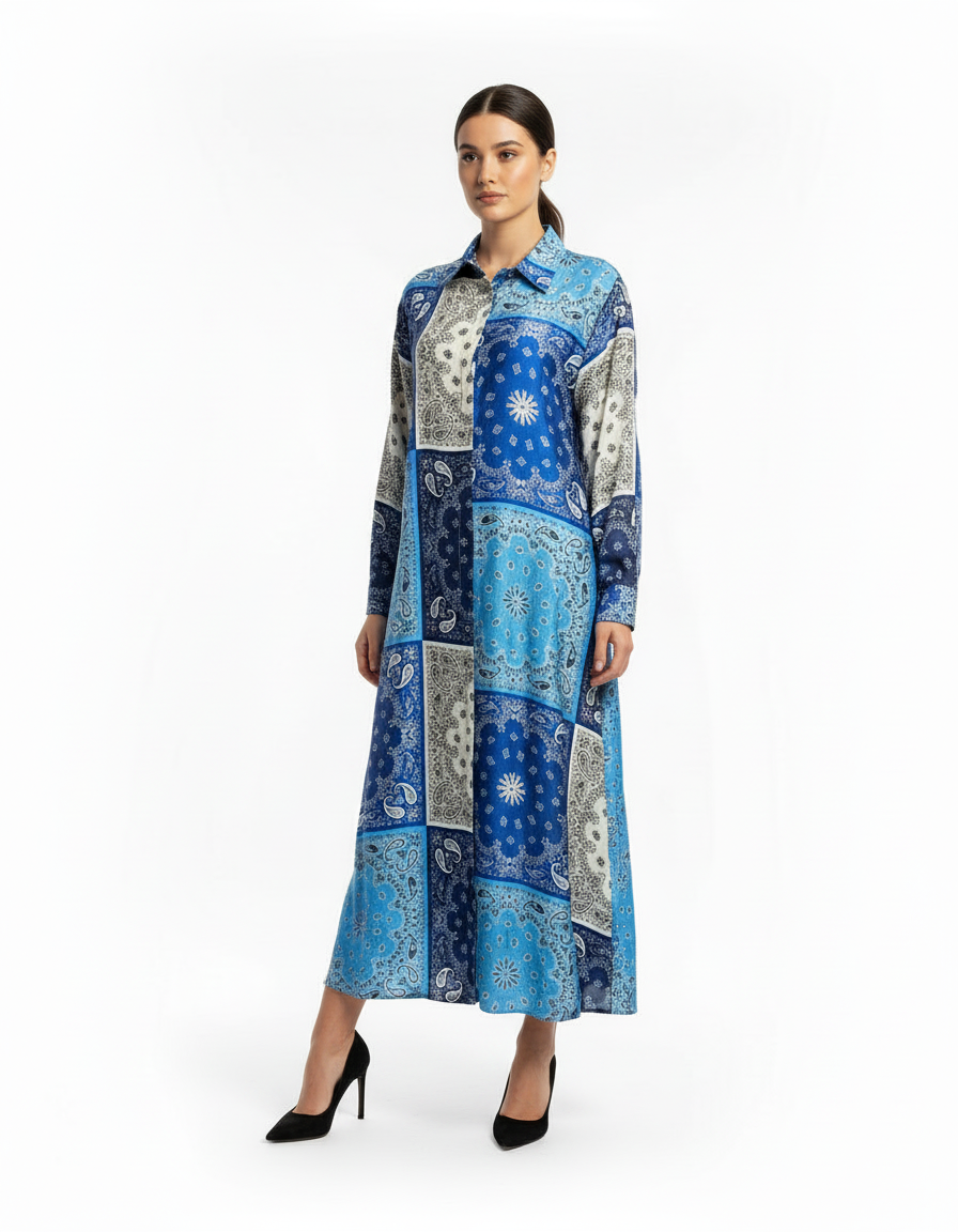 Claire Paisley Maxi Dress – Button-Front Collared  Voile