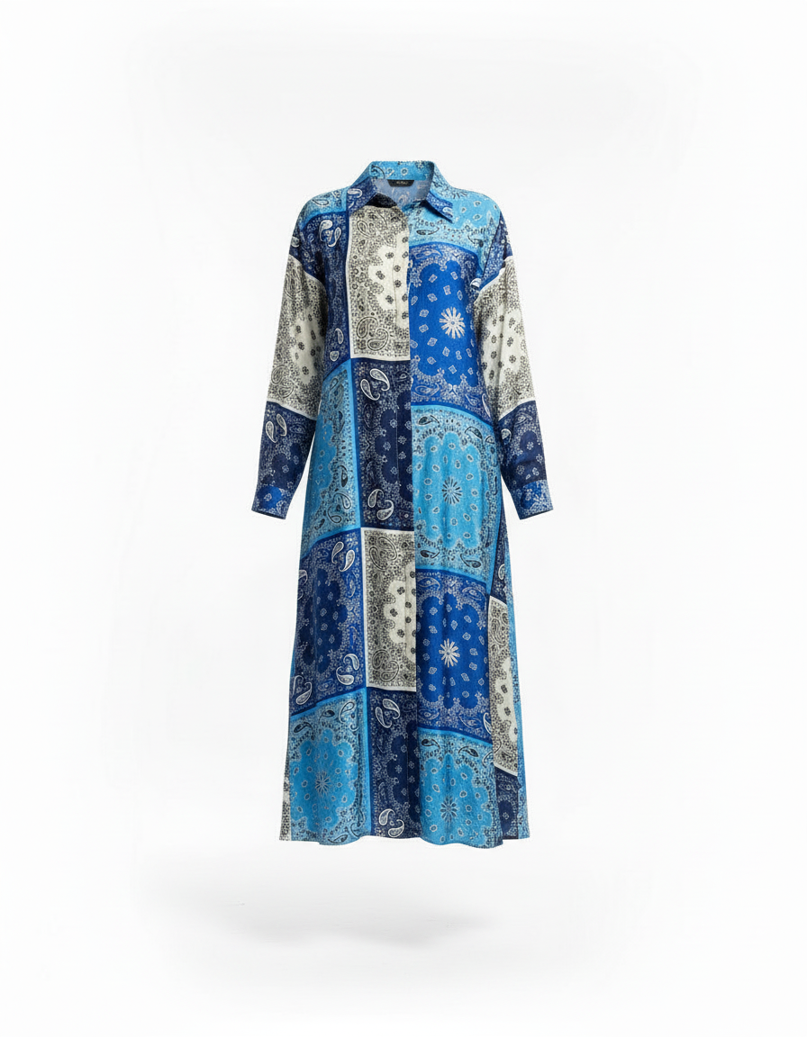 Claire Paisley Maxi Dress – Button-Front Collared  Voile