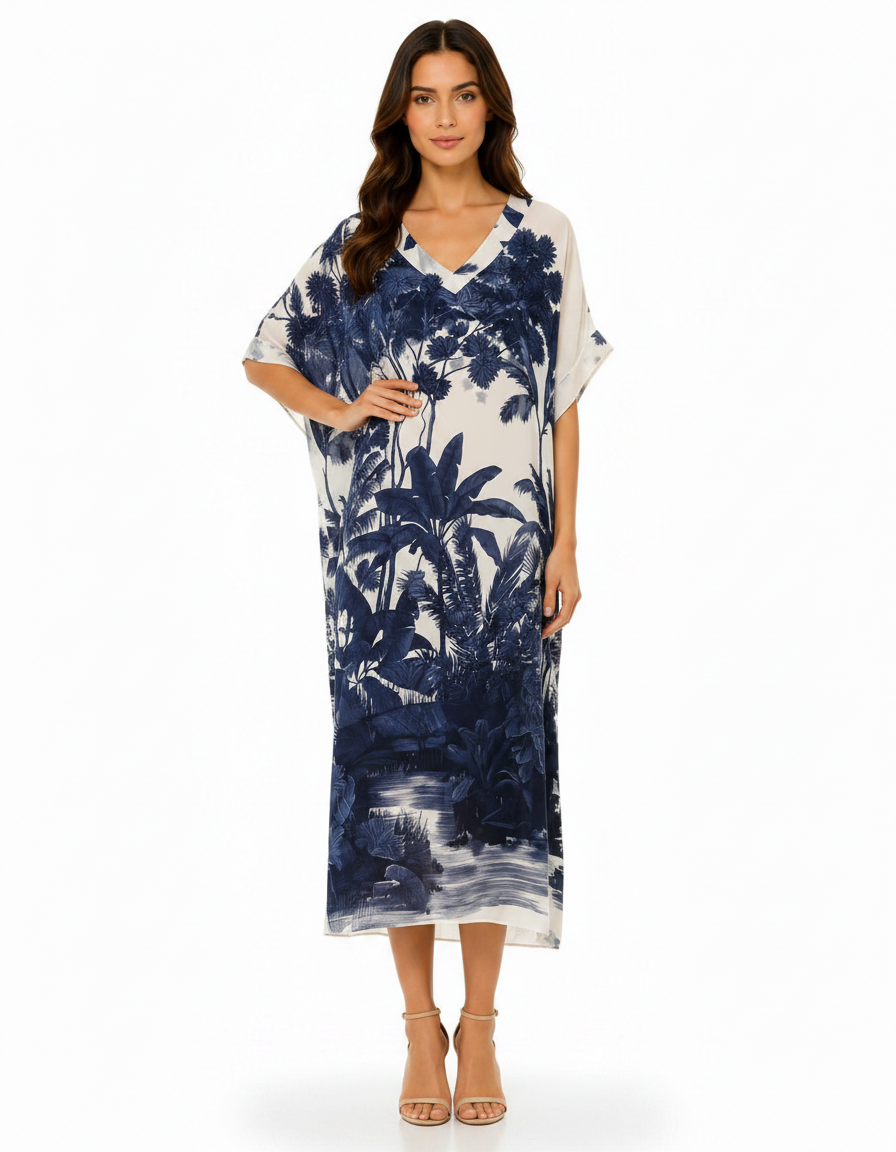 Priscille Tropical Maxi Dress – Pull-On V-Neck  Voile