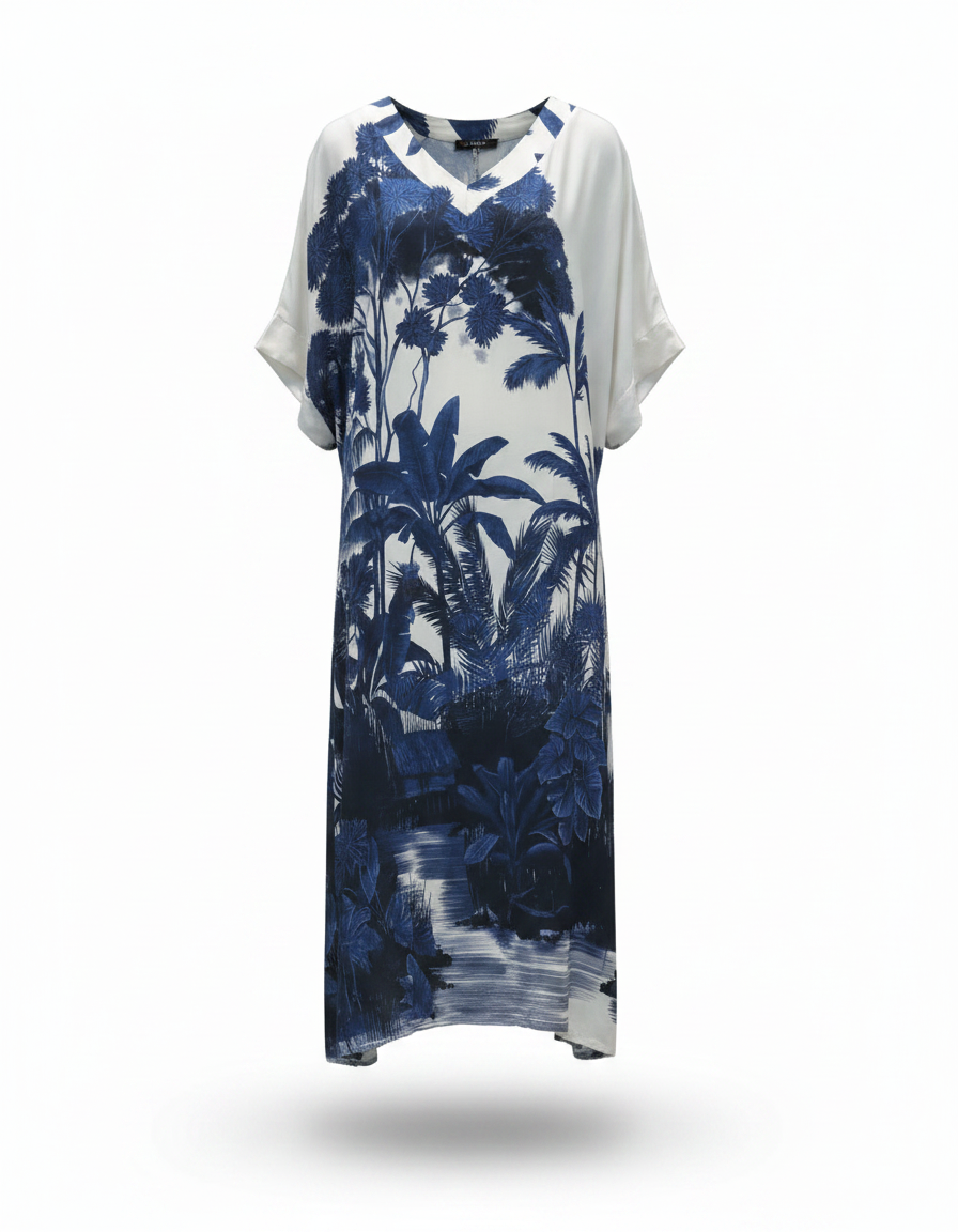 Priscille Tropical Maxi Dress – Pull-On V-Neck  Voile