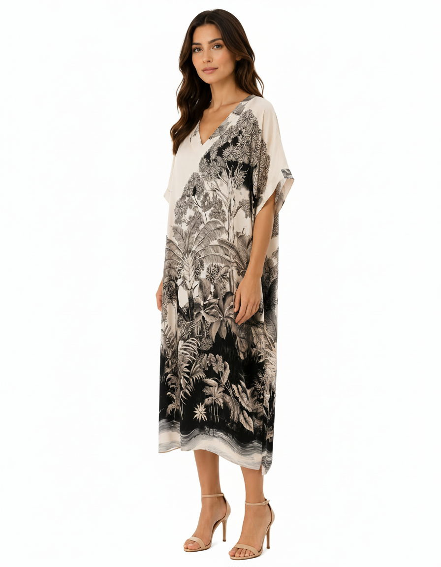 Priscille Tropical Maxi Dress – Pull-On V-Neck  Voile