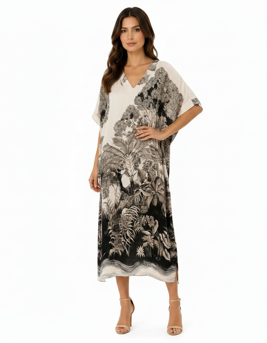 Priscille Tropical Maxi Dress – Pull-On V-Neck  Voile