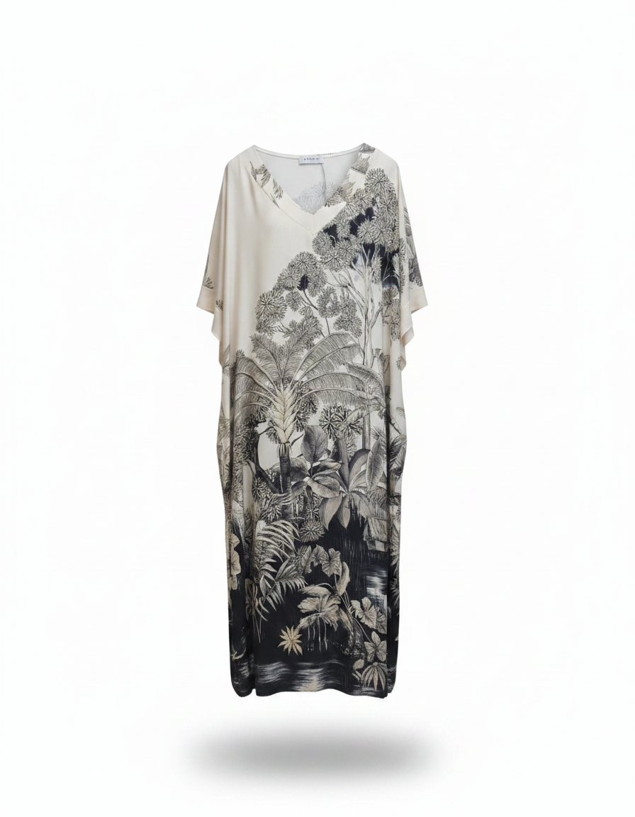 Priscille Tropical Maxi Dress – Pull-On V-Neck  Voile