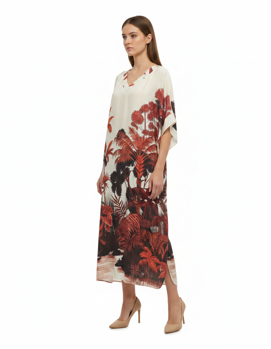 Priscille Tropical Maxi Dress – Pull-On V-Neck  Voile