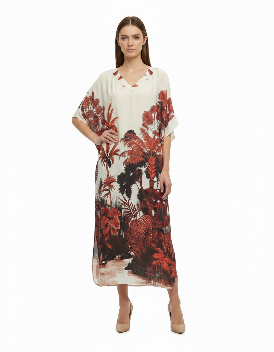 Priscille Tropical Maxi Dress – Pull-On V-Neck  Voile