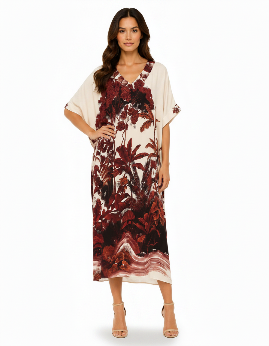 Priscille Tropical Maxi Dress – Pull-On V-Neck  Voile