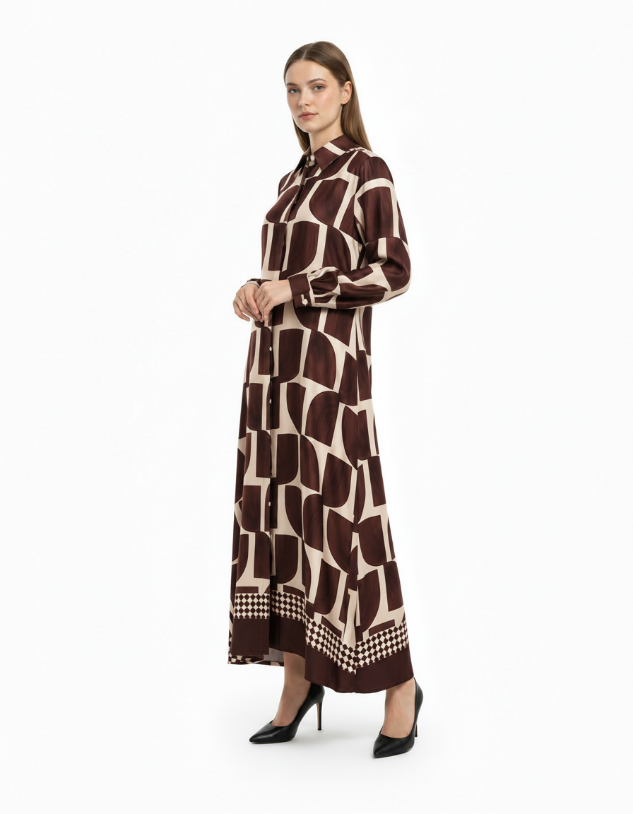 Sasha Geometric Maxi Dress – Button-Front Long Sleeve  Voile