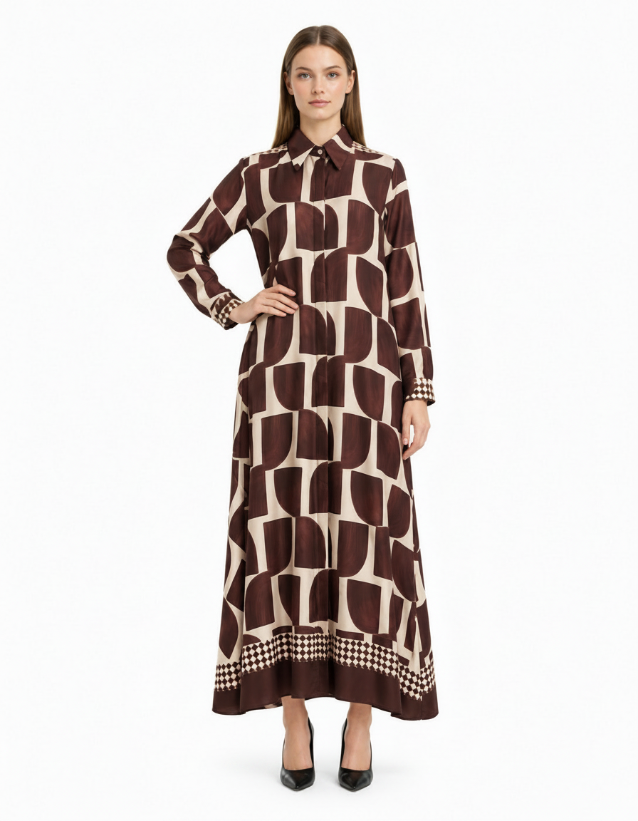 Sasha Geometric Maxi Dress – Button-Front Long Sleeve  Voile