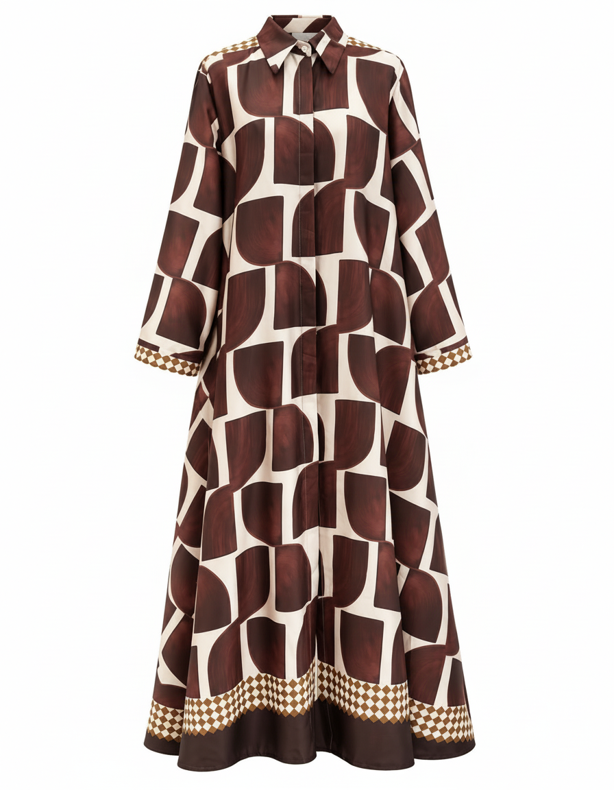 Sasha Geometric Maxi Dress – Button-Front Long Sleeve  Voile