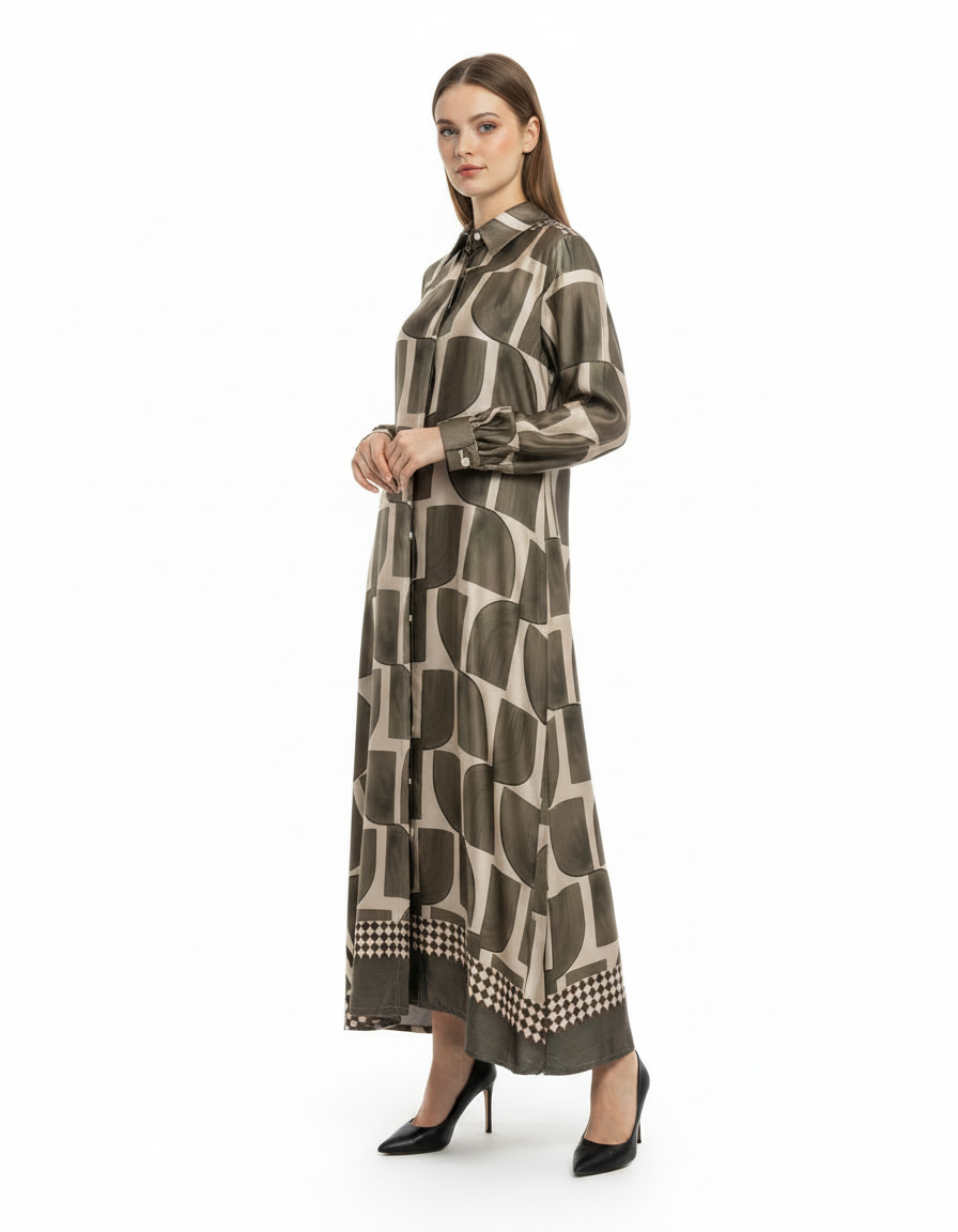 Sasha Geometric Maxi Dress – Button-Front Long Sleeve