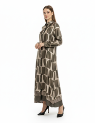 Sasha Geometric Maxi Dress – Button-Front Long Sleeve