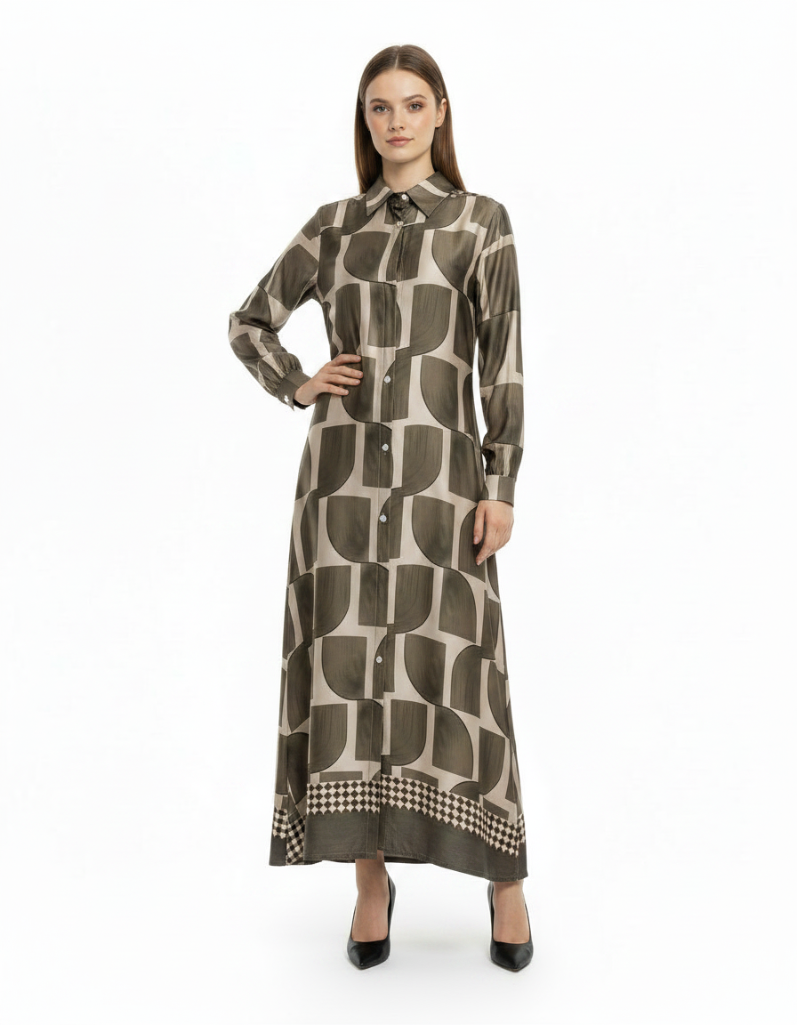 Sasha Geometric Maxi Dress – Button-Front Long Sleeve