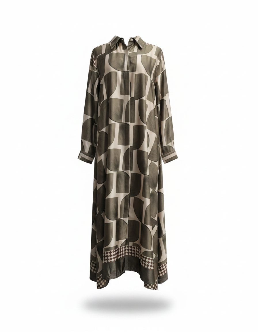Sasha Geometric Maxi Dress – Button-Front Long Sleeve