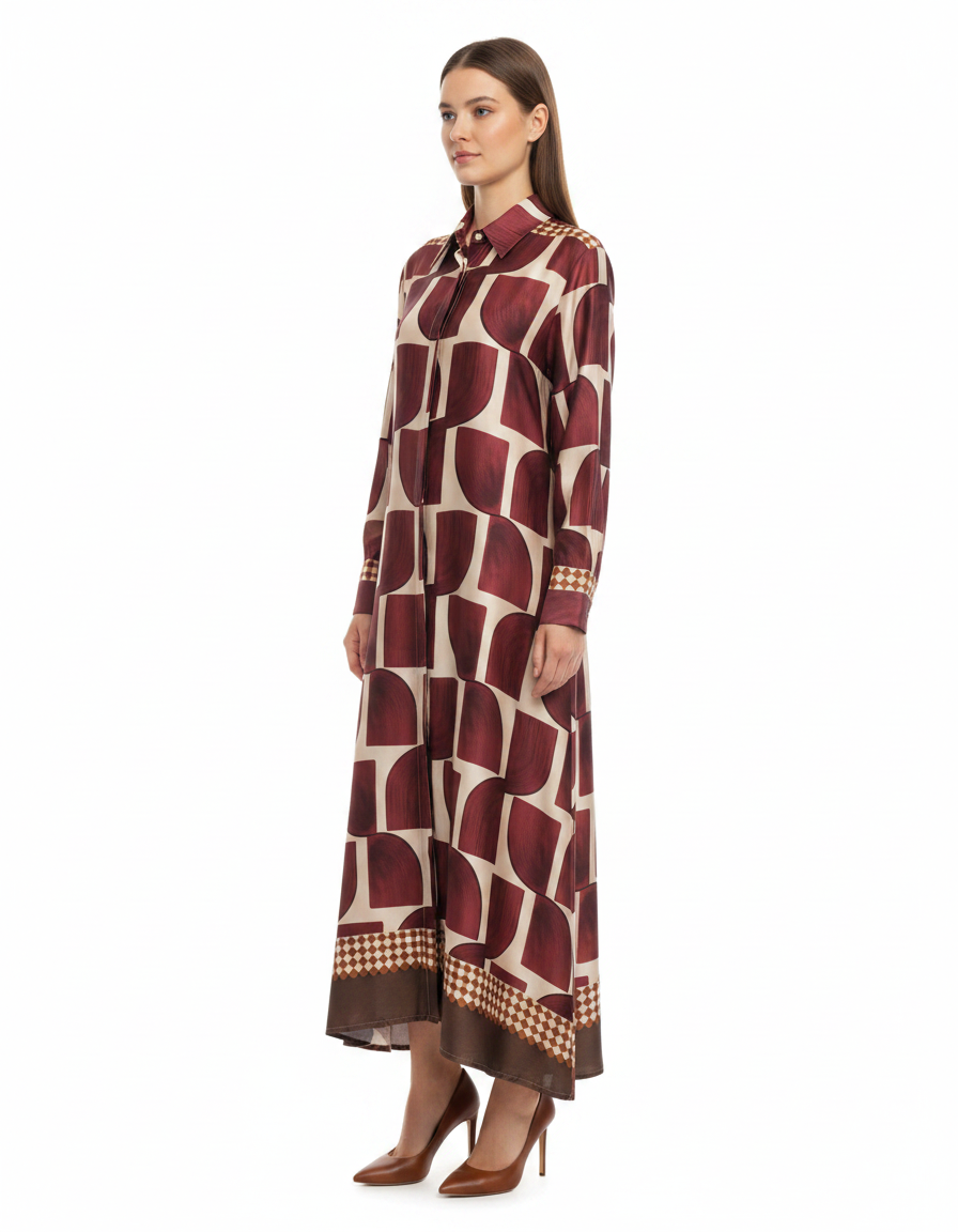 Sasha Geometric Maxi Dress – Button-Front Long Sleeve