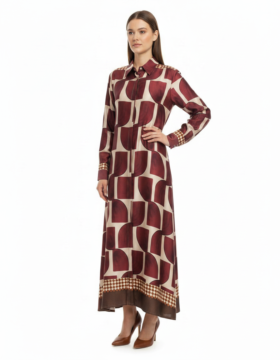 Sasha Geometric Maxi Dress – Button-Front Long Sleeve
