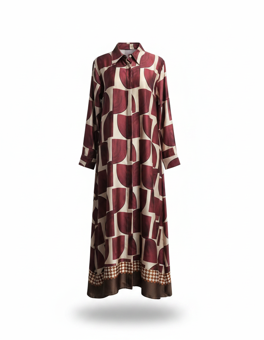 Sasha Geometric Maxi Dress – Button-Front Long Sleeve