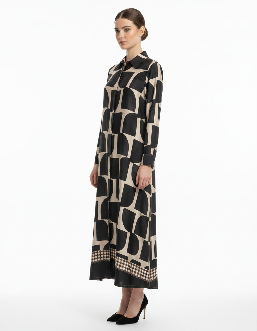 Sasha Geometric Maxi Dress – Button-Front Long Sleeve