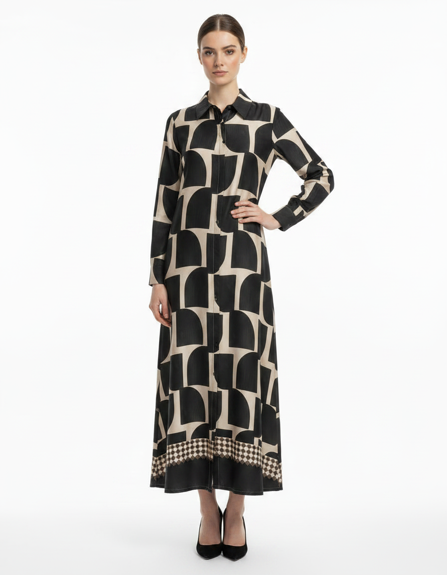 Sasha Geometric Maxi Dress – Button-Front Long Sleeve