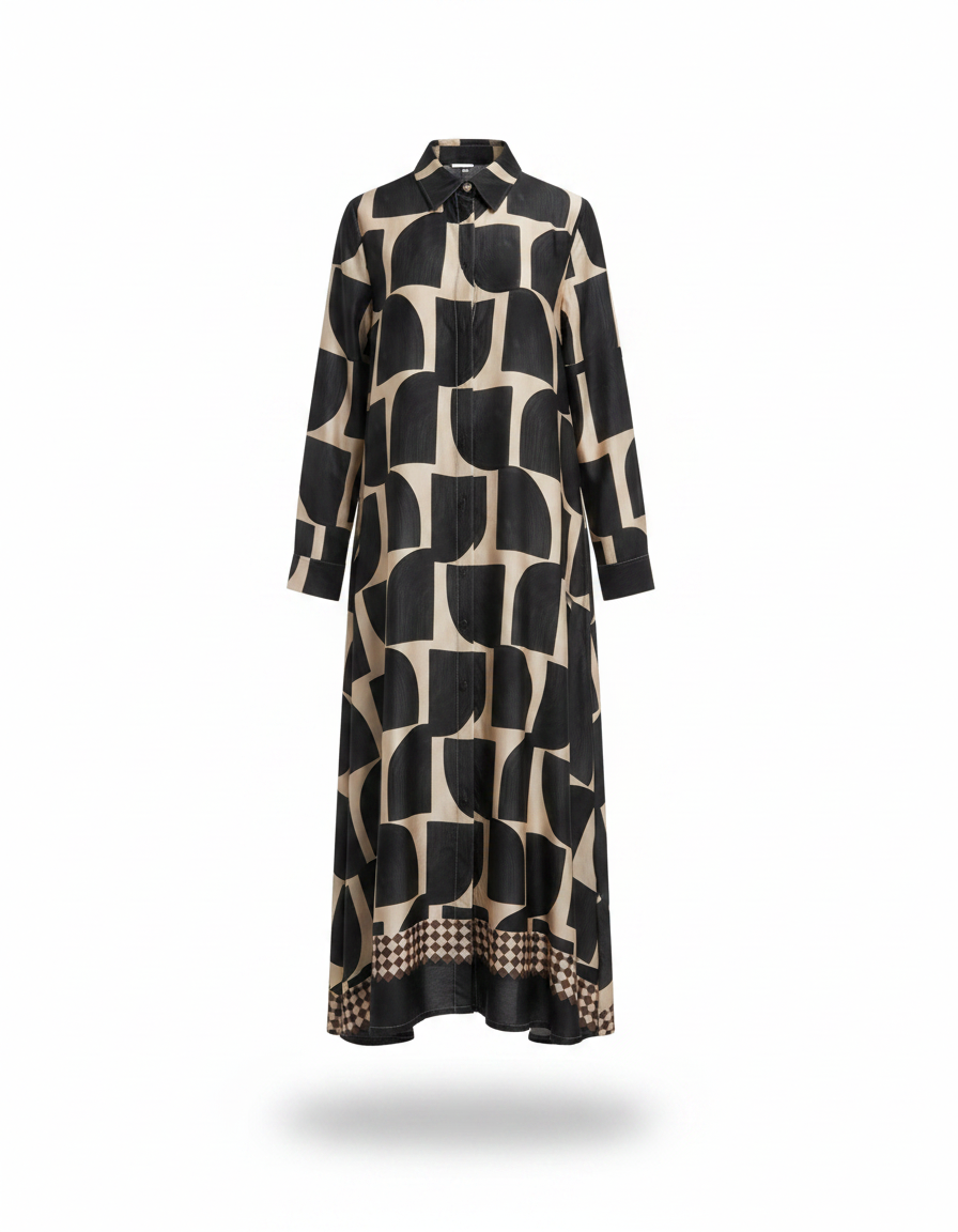 Sasha Geometric Maxi Dress – Button-Front Long Sleeve