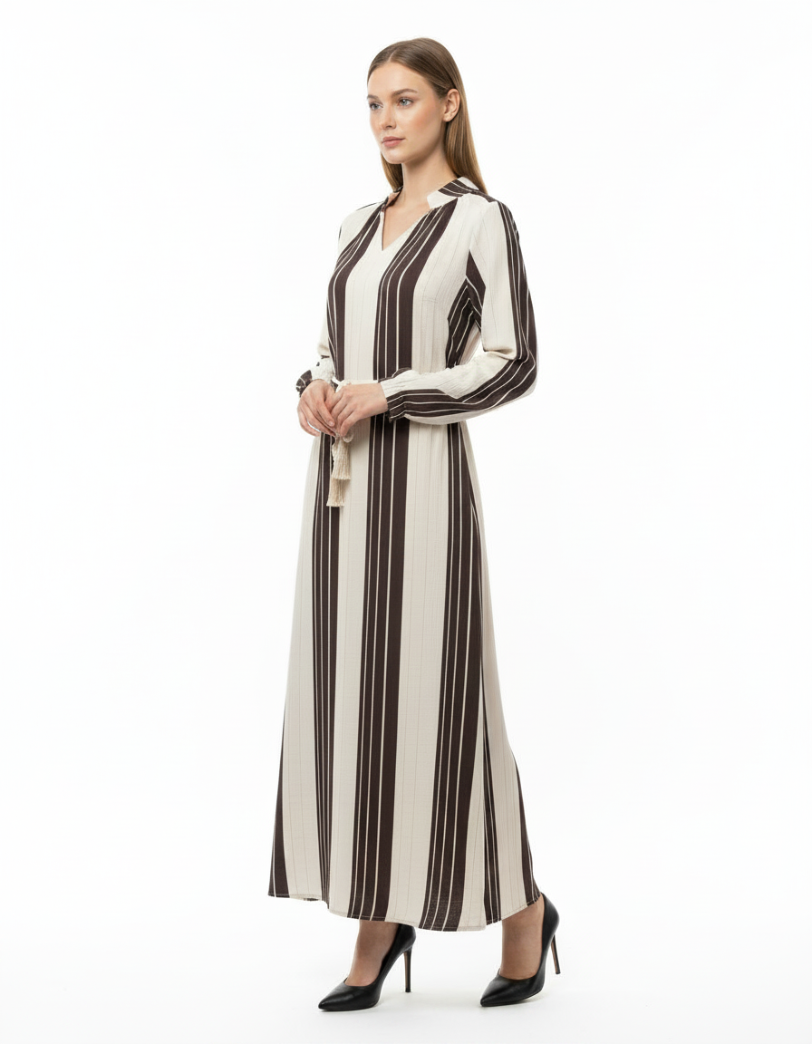 Thais Striped Maxi Dress – Belted V-Neck  Voile