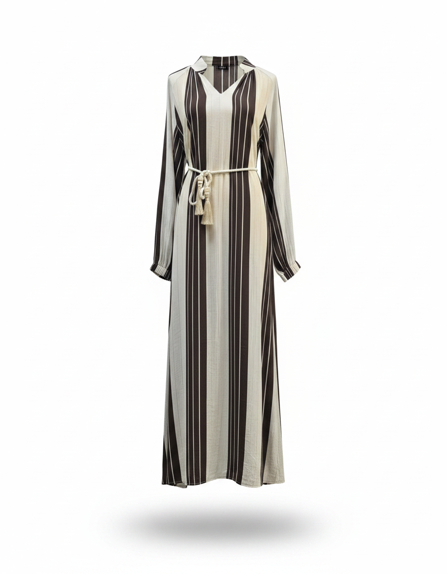 Thais Striped Maxi Dress – Belted V-Neck  Voile