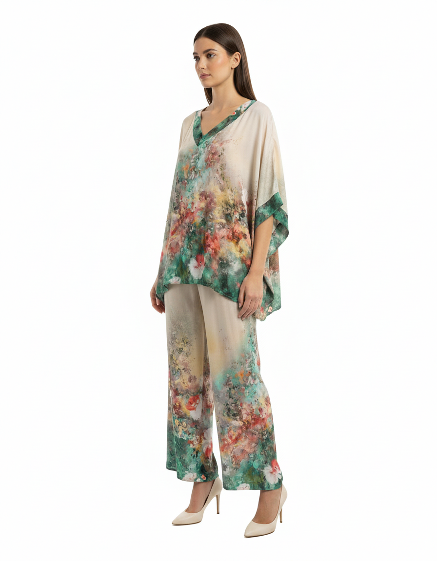 Solene-Marie Floral Co-ord Set – Pull-On V-Neck  Voile