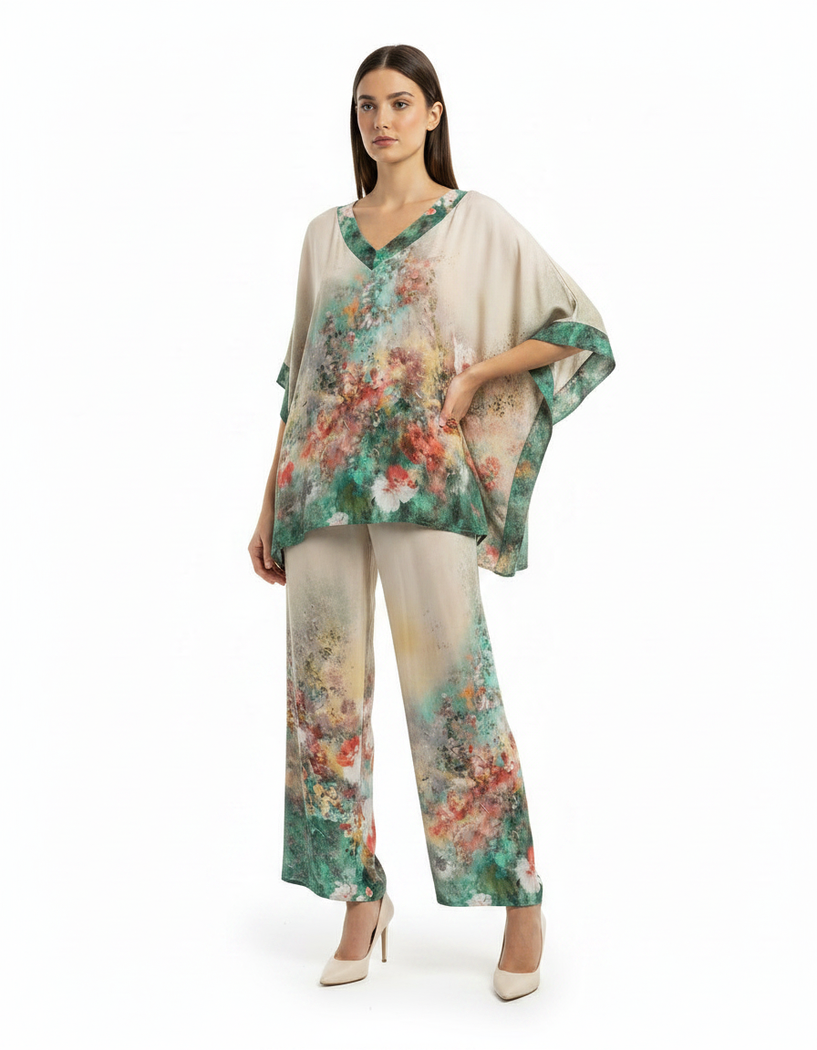Solene-Marie Floral Co-ord Set – Pull-On V-Neck  Voile