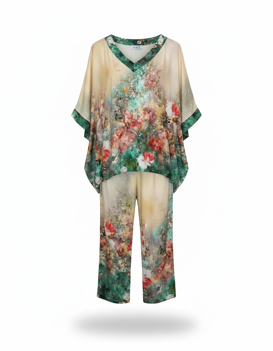 Solene-Marie Floral Co-ord Set – Pull-On V-Neck  Voile