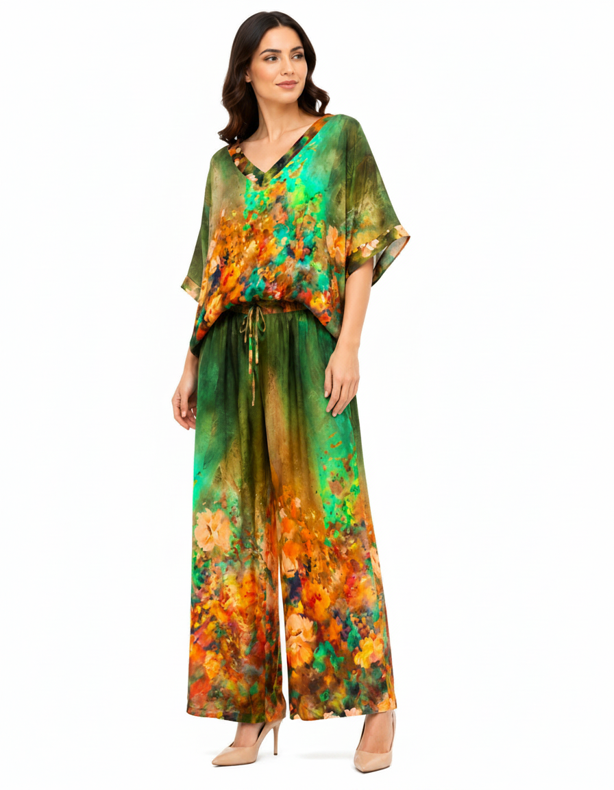 Solene-Marie Floral Co-ord Set – Pull-On V-Neck  Voile