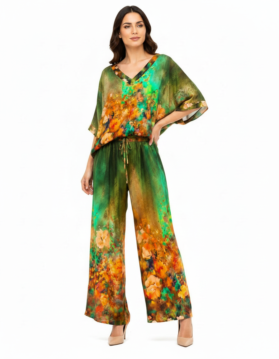 Solene-Marie Floral Co-ord Set – Pull-On V-Neck  Voile