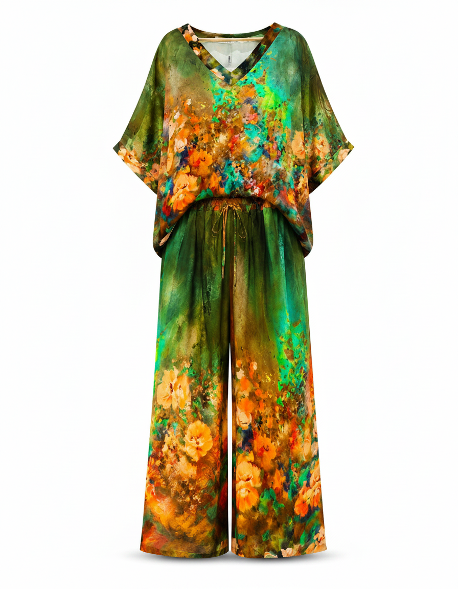 Solene-Marie Floral Co-ord Set – Pull-On V-Neck  Voile