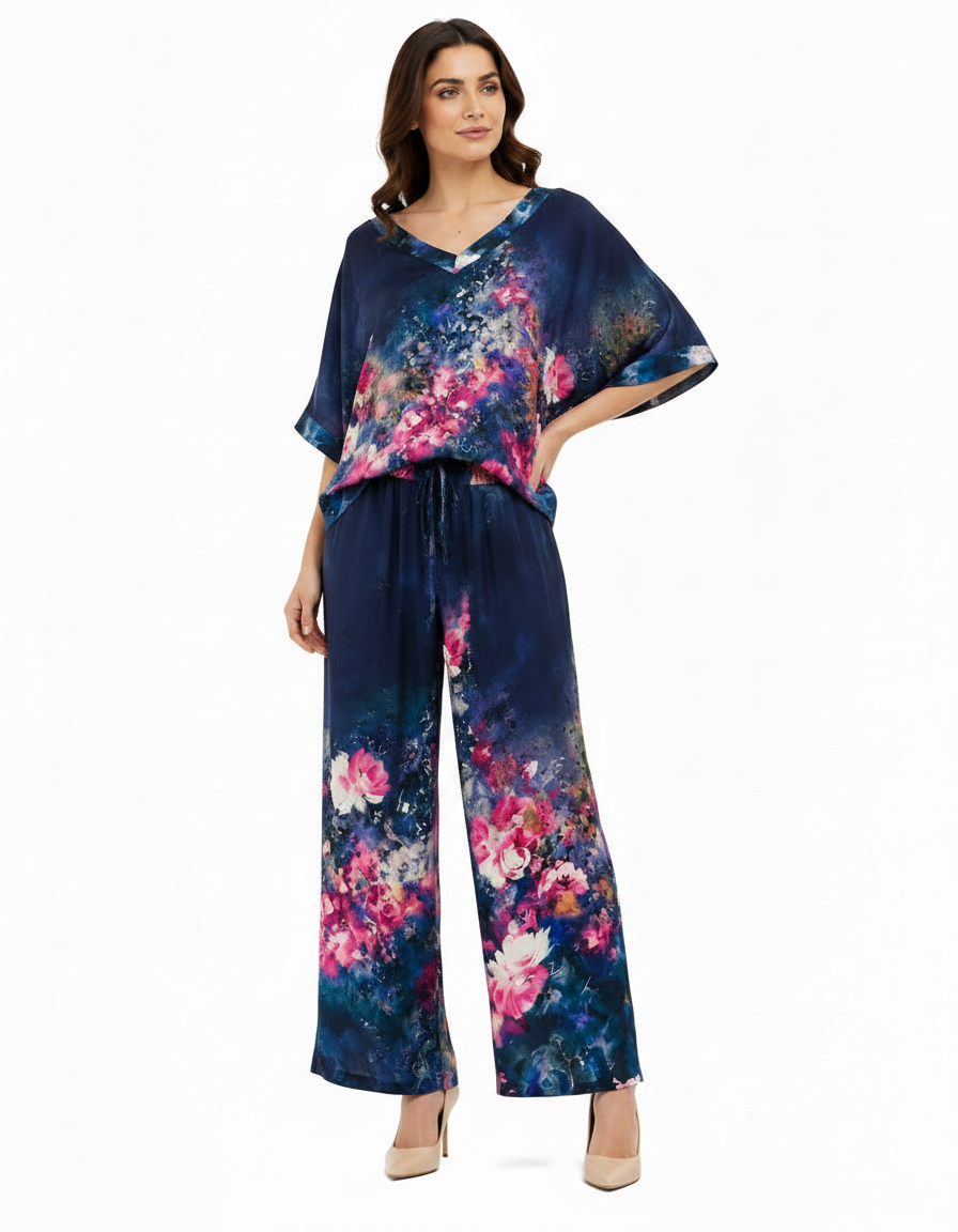 Solene-Marie Floral Co-ord Set – Pull-On V-Neck  Voile