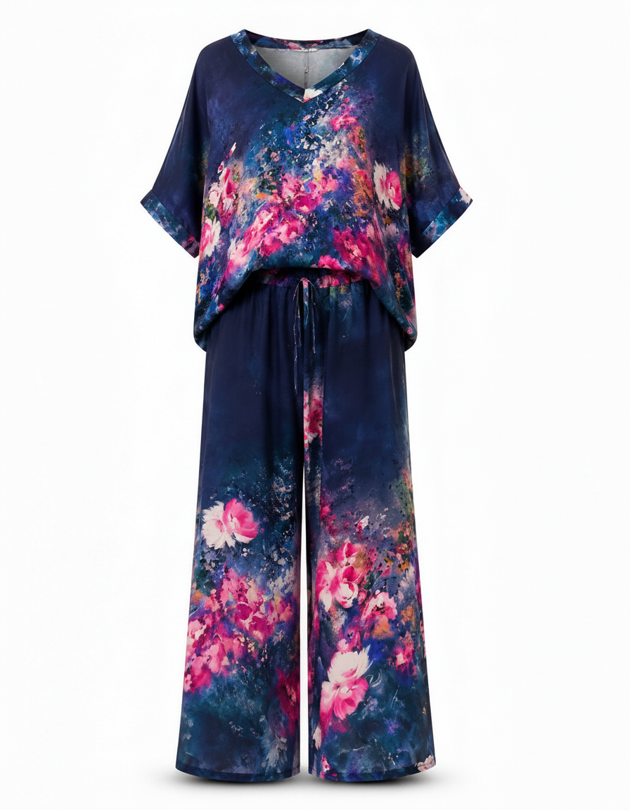 Solene-Marie Floral Co-ord Set – Pull-On V-Neck  Voile