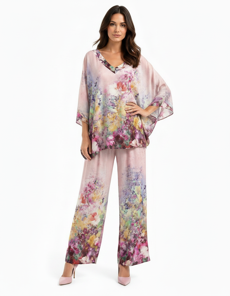 Solene-Marie Floral Co-ord Set – Pull-On V-Neck  Voile