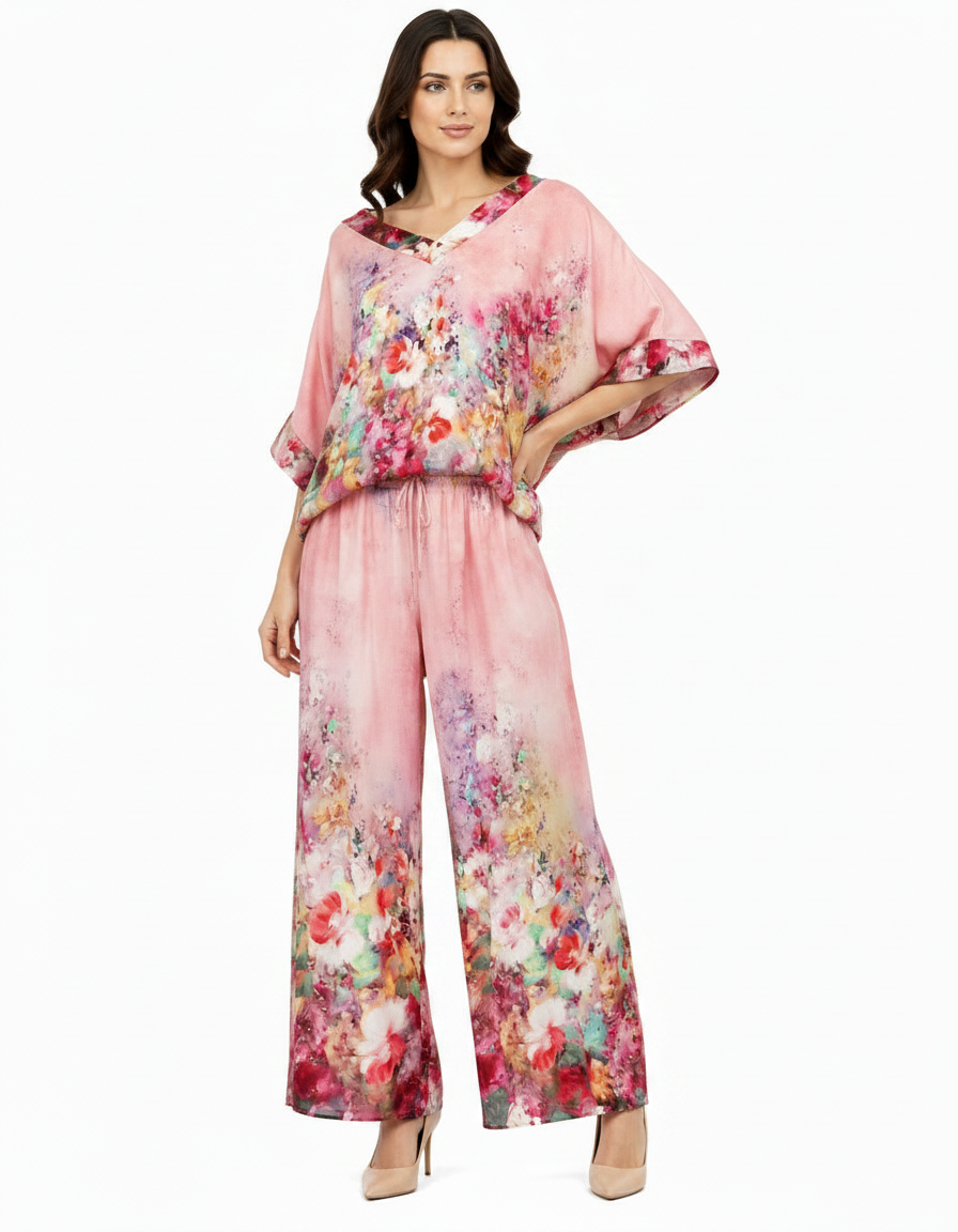 Solene-Marie Floral Co-ord Set – Pull-On V-Neck  Voile