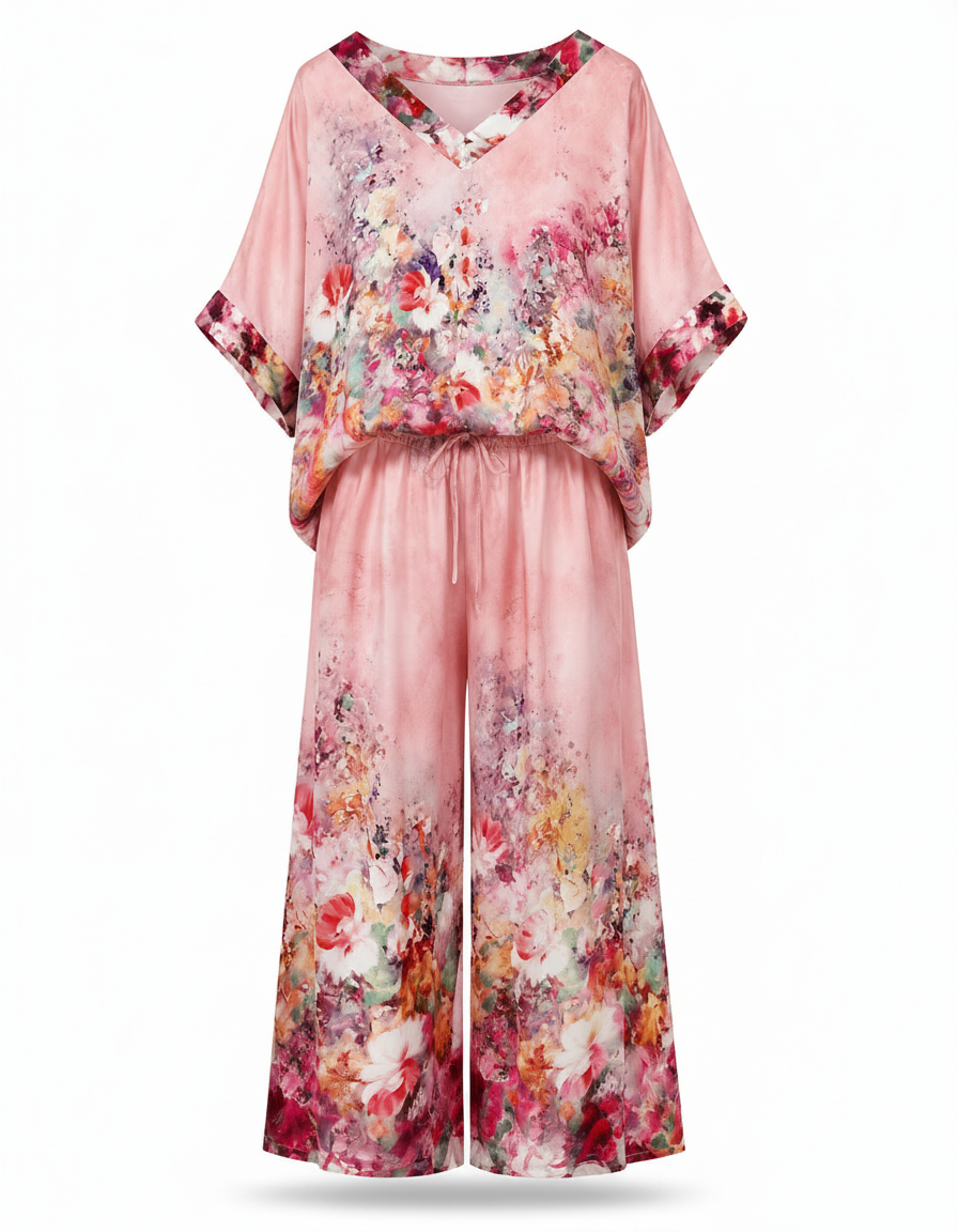 Solene-Marie Floral Co-ord Set – Pull-On V-Neck  Voile
