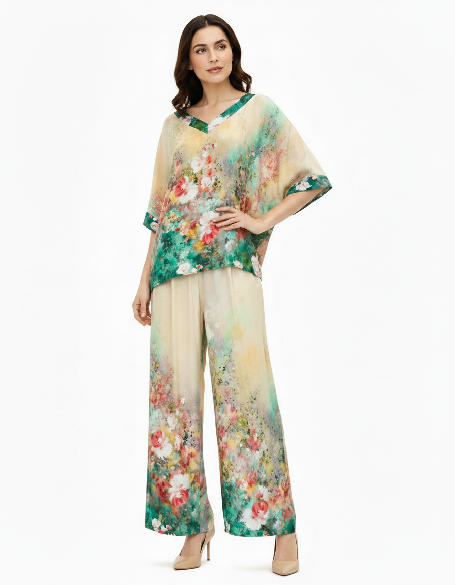 Solene-Marie Floral Co-ord Set – Pull-On V-Neck  Voile