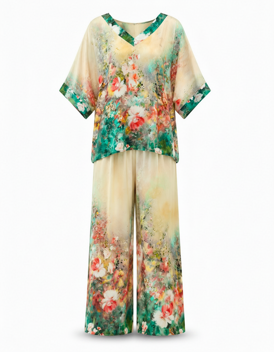 Solene-Marie Floral Co-ord Set – Pull-On V-Neck  Voile