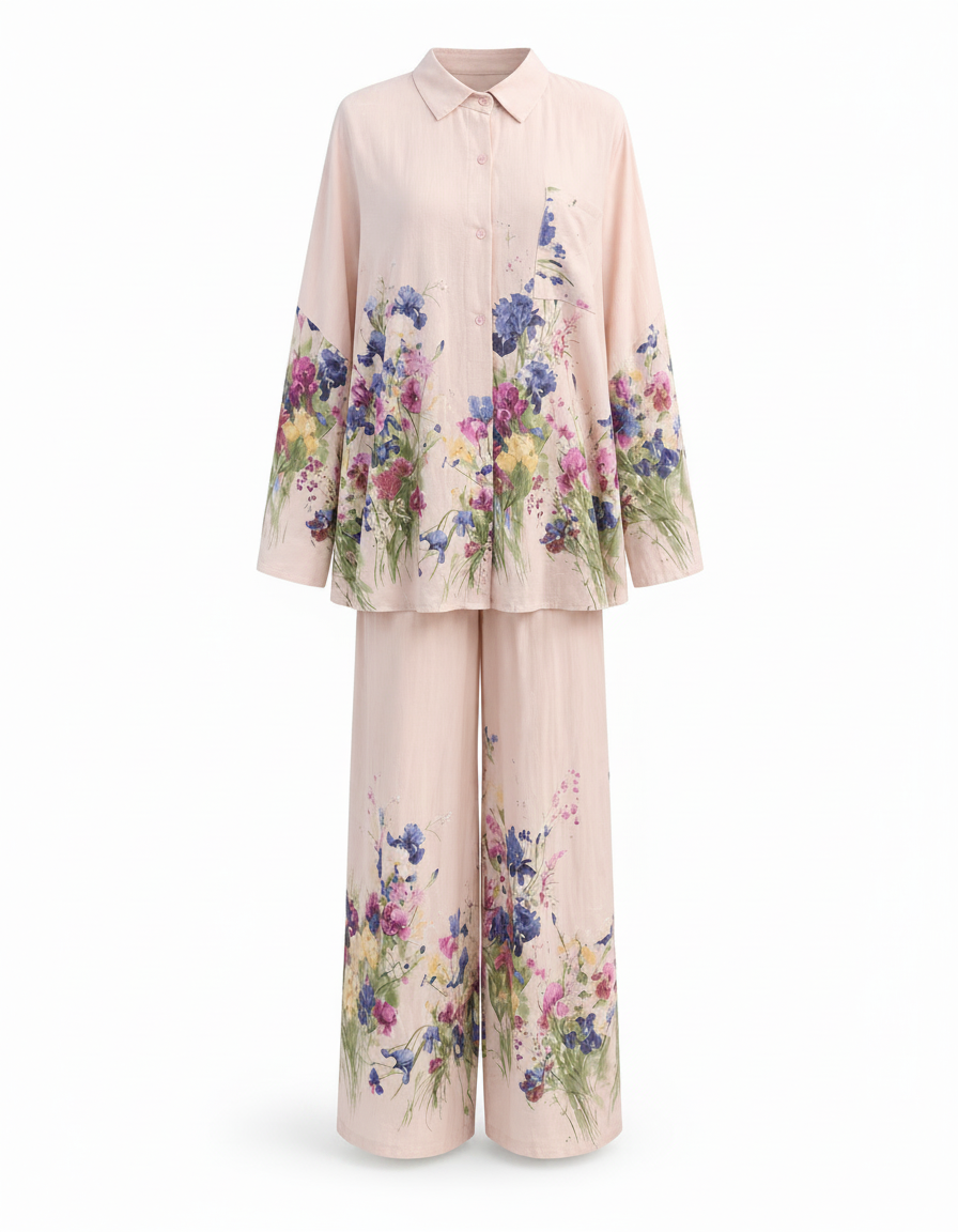 Tania Floral Co-ord Set – Button-Front V-Neck  Voile