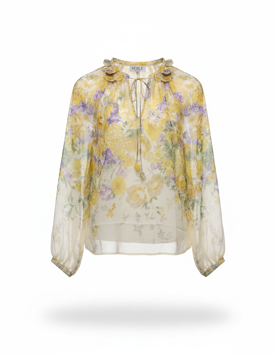 Celeste Floral Blouse – Belted V-Neck  Voile