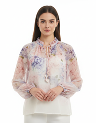 Colette Floral Blouse – Belted V-Neck  Voile